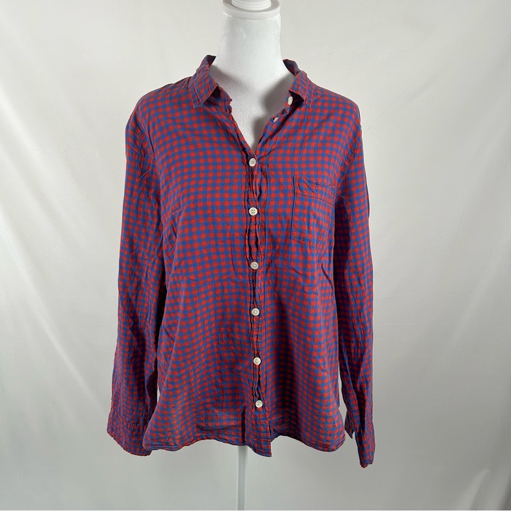 J Crew Red Blue Gingham Button Down Top Size XL - Picture 1 of 5
